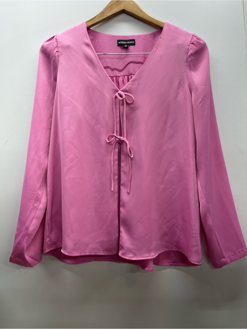 Modern Works pink V-neck satin blouse with tie-front closures